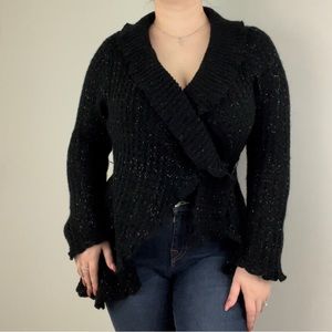 SAY WHAT? Vintage Y2K 2000 Black Crochet Knit Asymmetrical Hem Cardigan Sweater